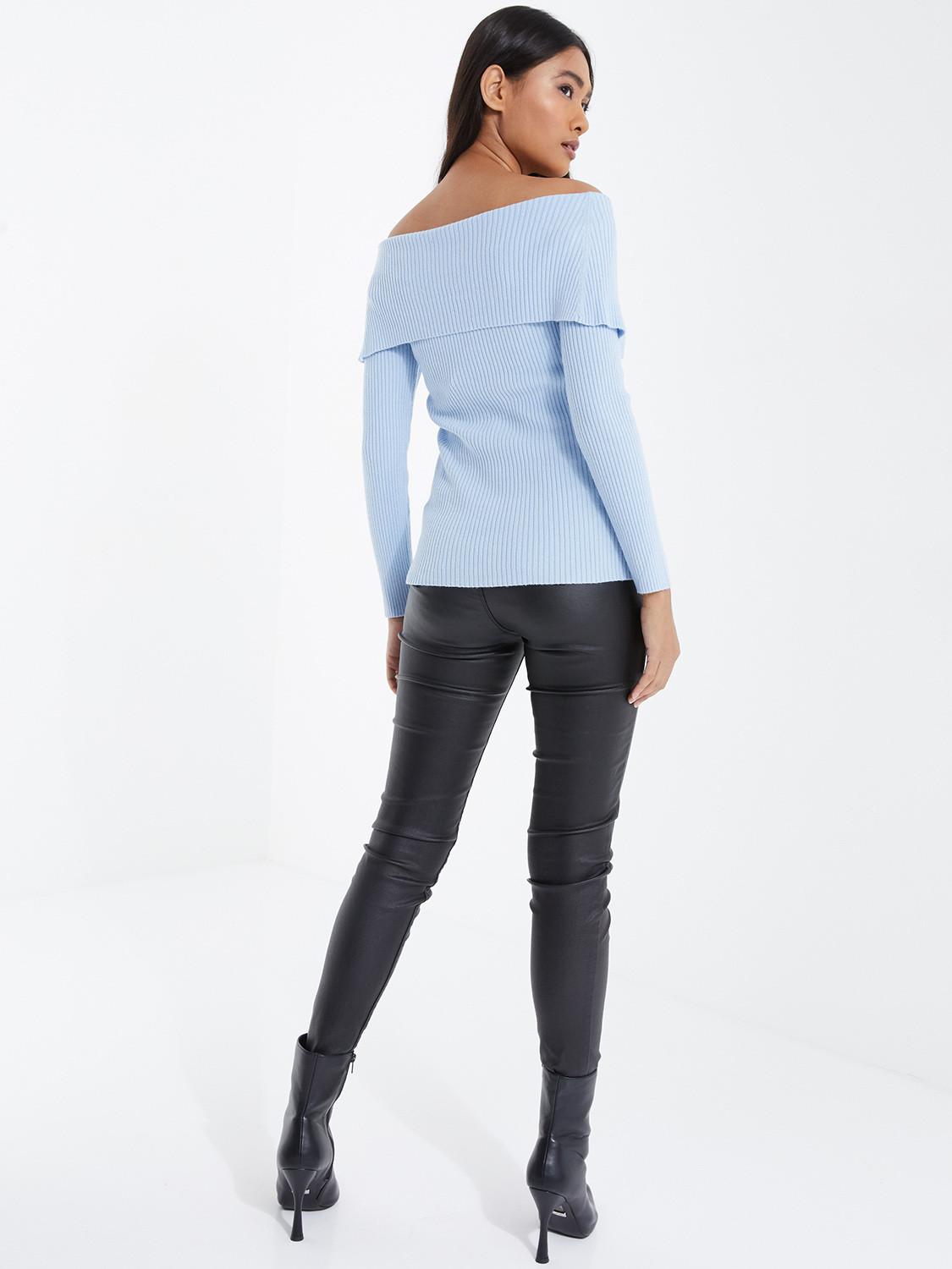 Pale Blue Long Knit Bardot Long Sleeves Top