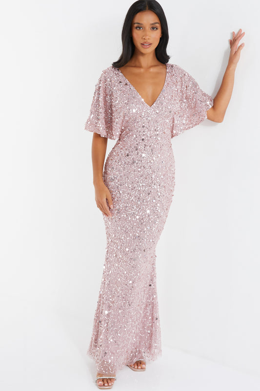 Petite Pink Sequin Batwing Maxi Dress