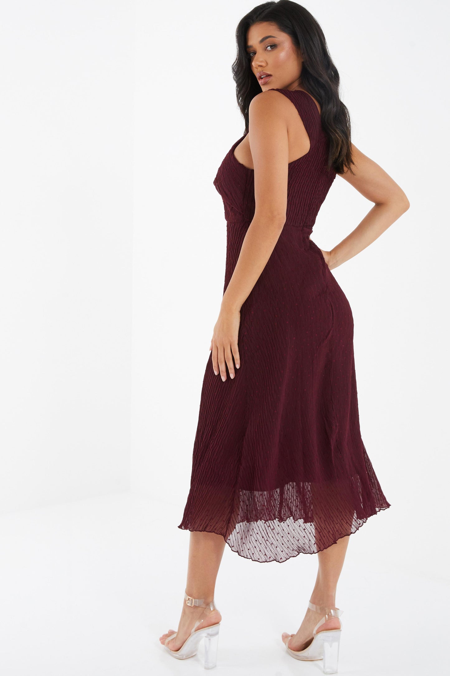 Berry Chiffon Crinkle Halter Neck Midi Dress