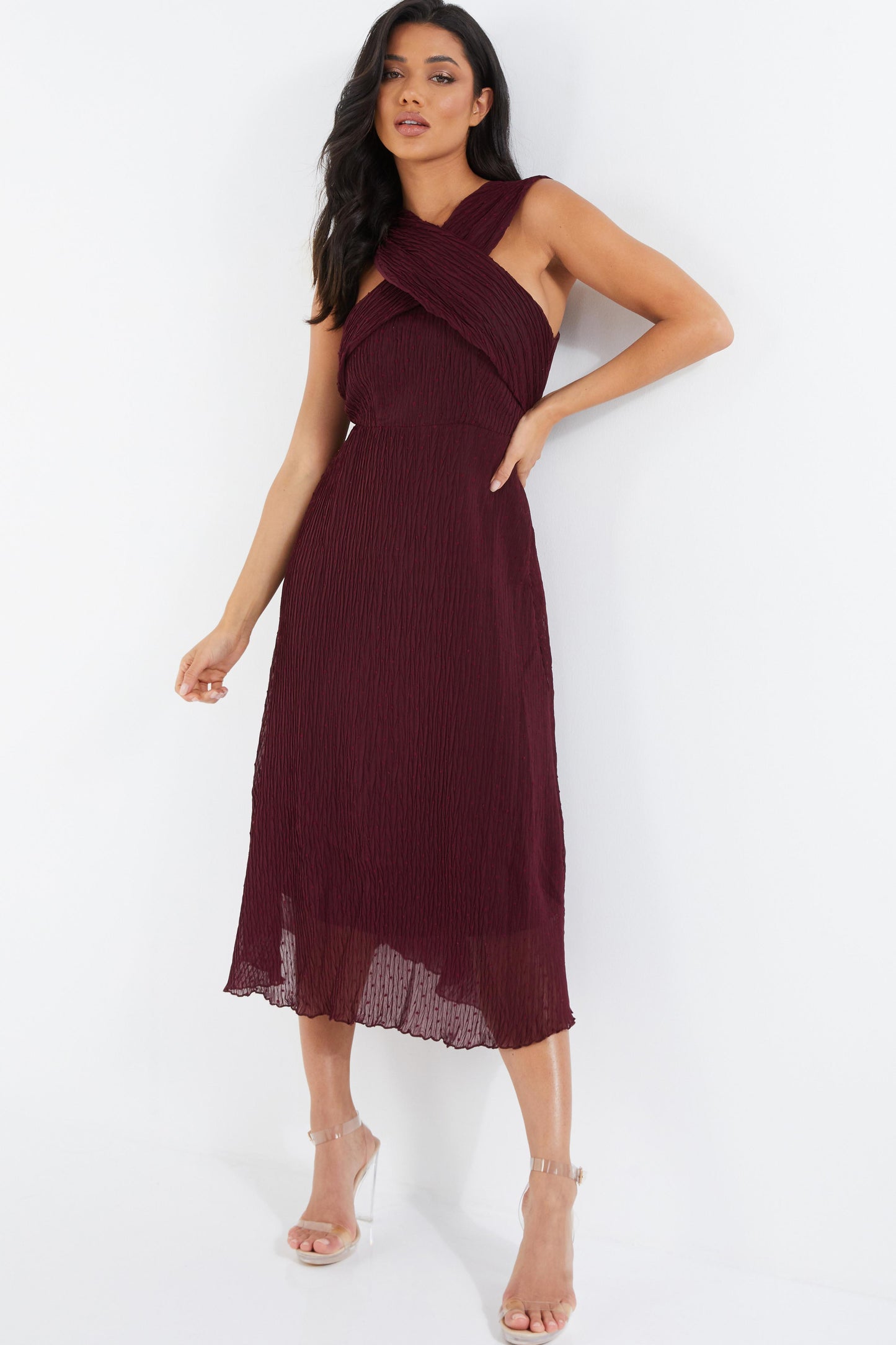 Berry Chiffon Crinkle Halter Neck Midi Dress