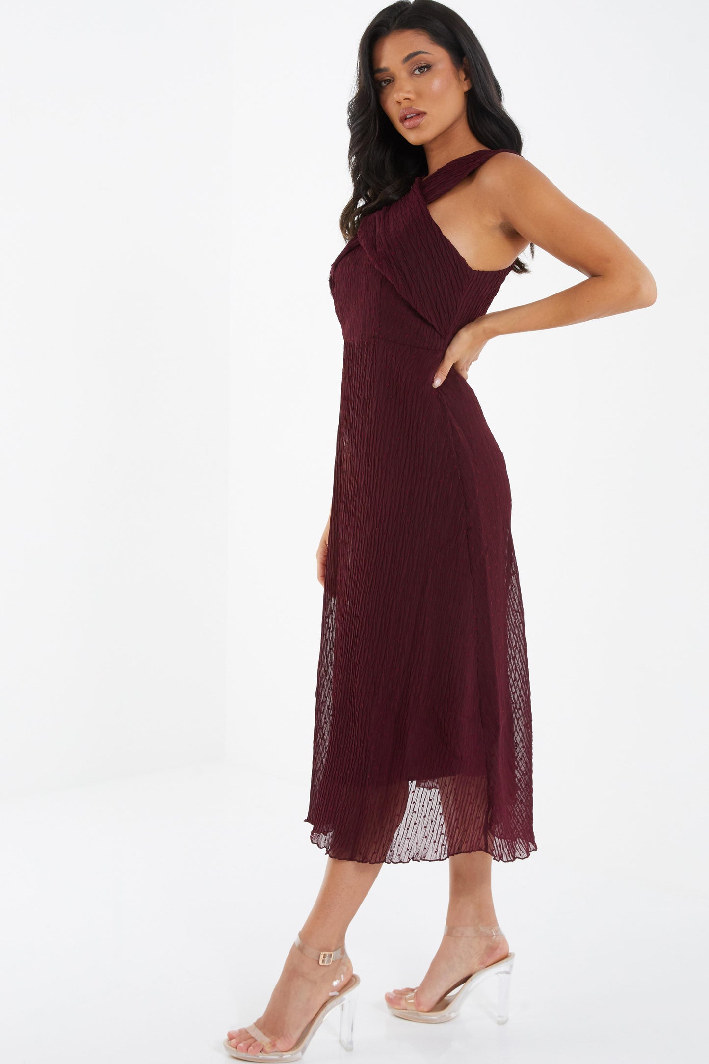 Berry Chiffon Crinkle Halter Neck Midi Dress