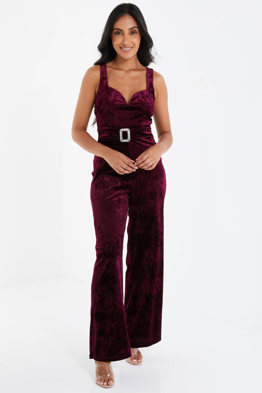 Petite Berry Velvet Palazzo Jumpsuit