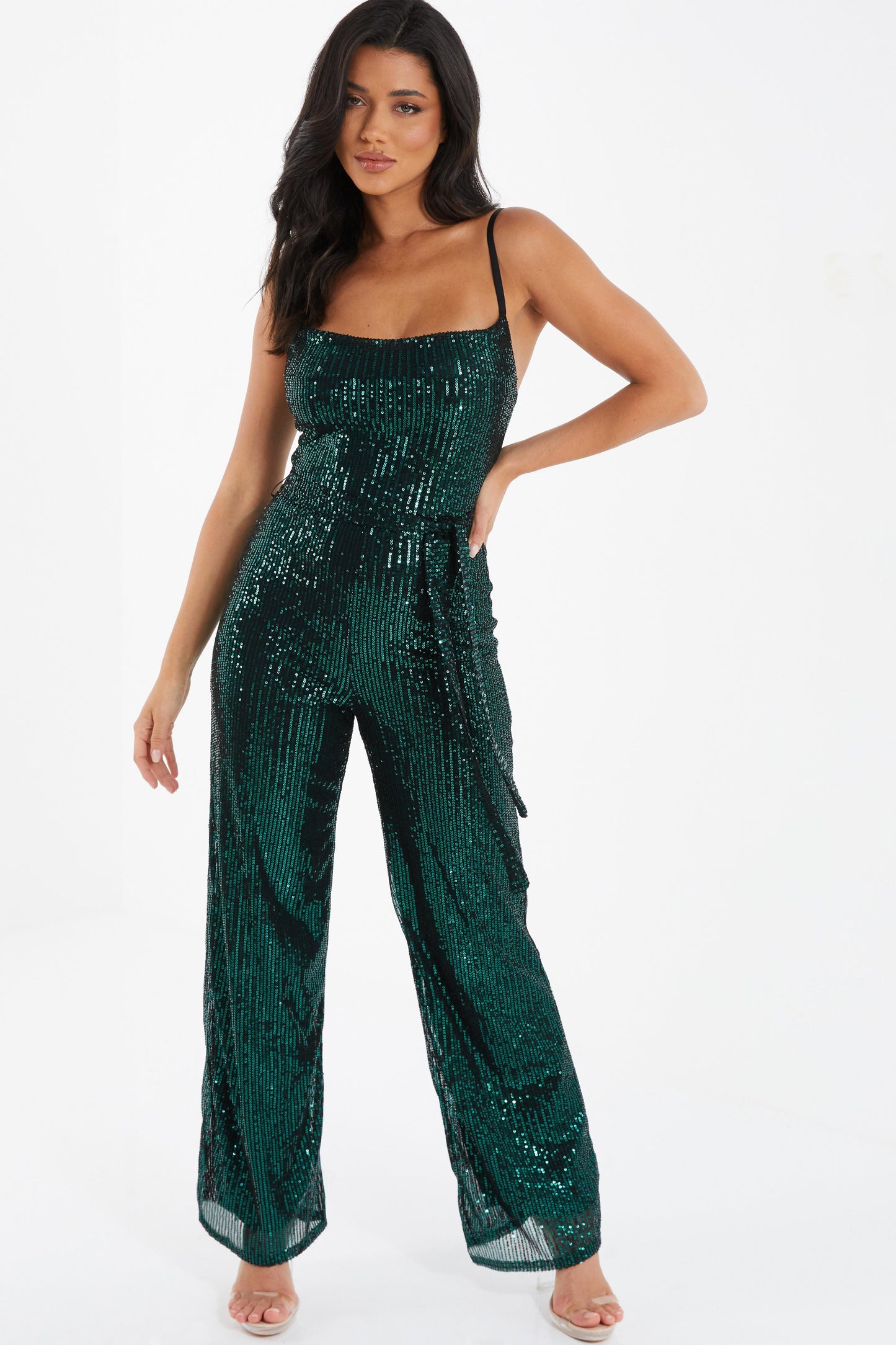 Bottle Green Sequin Cowl Neck Palazzo Jumpsuit