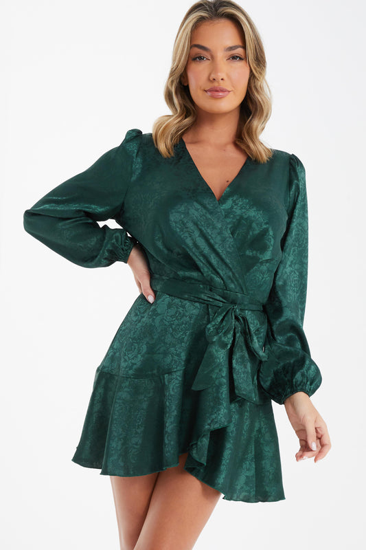 Bottle Green Satin Jacquard Floral Mini Dress