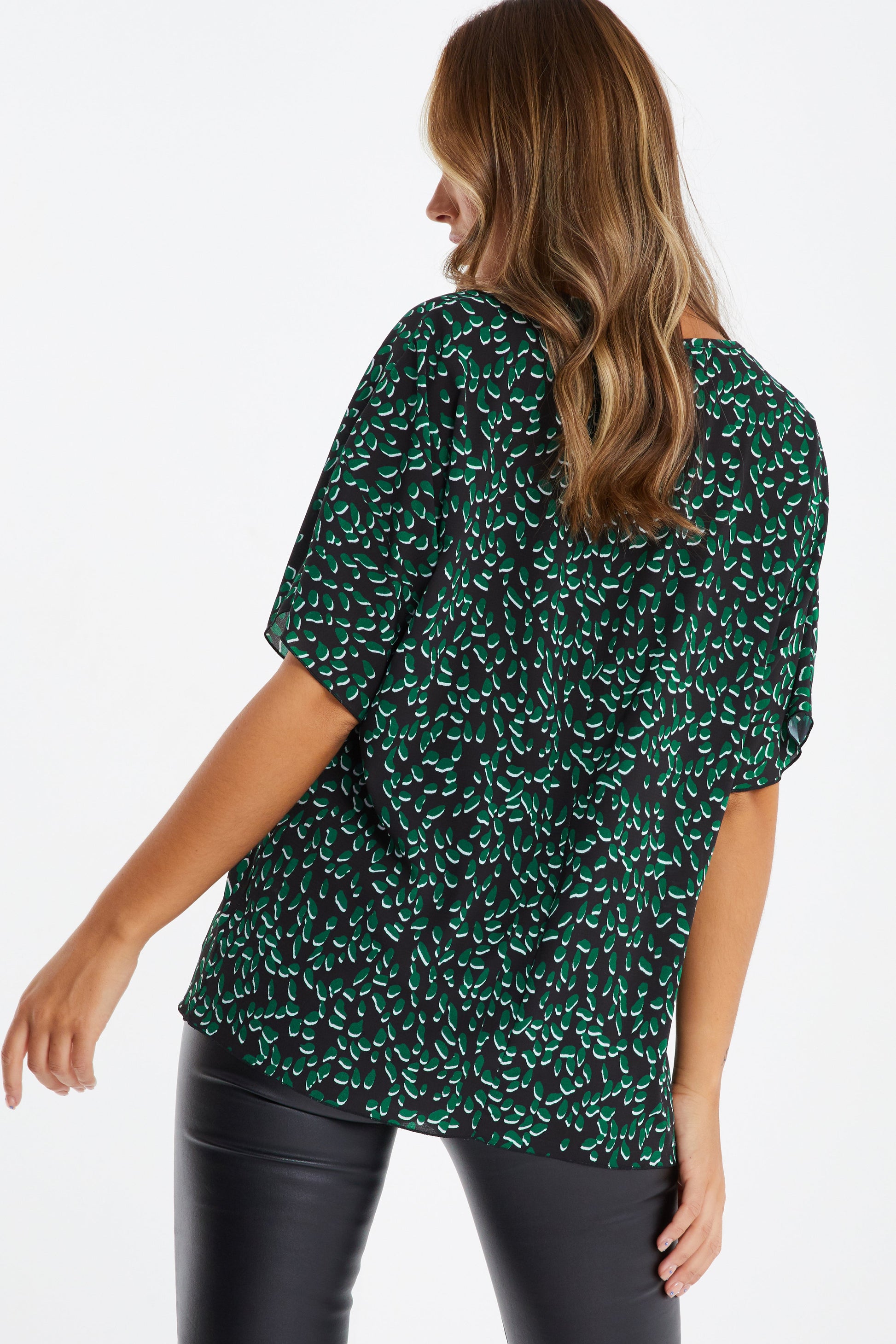 Black Green Animal Print Boxy Top — Green / 14