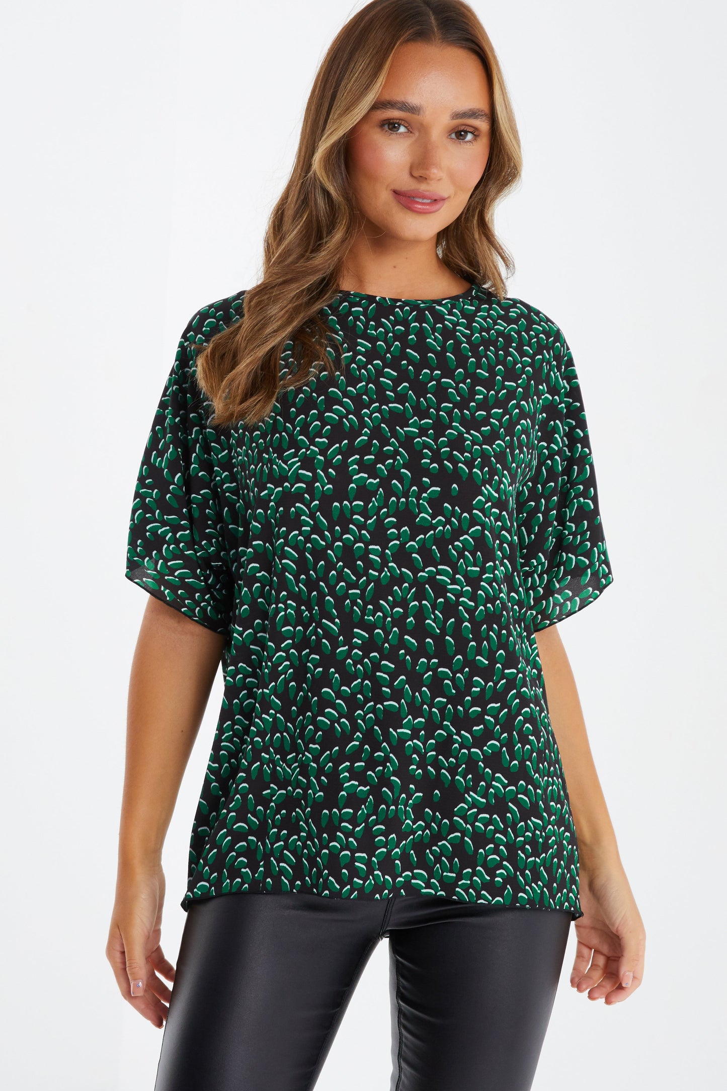Black Green Animal Print Boxy Top — Green / 14