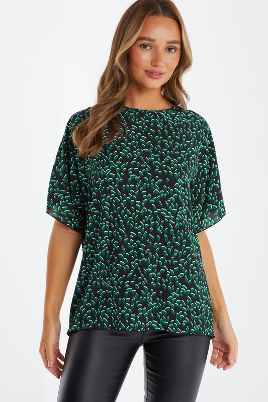 Black Green Animal Print Boxy Top — Green / 12