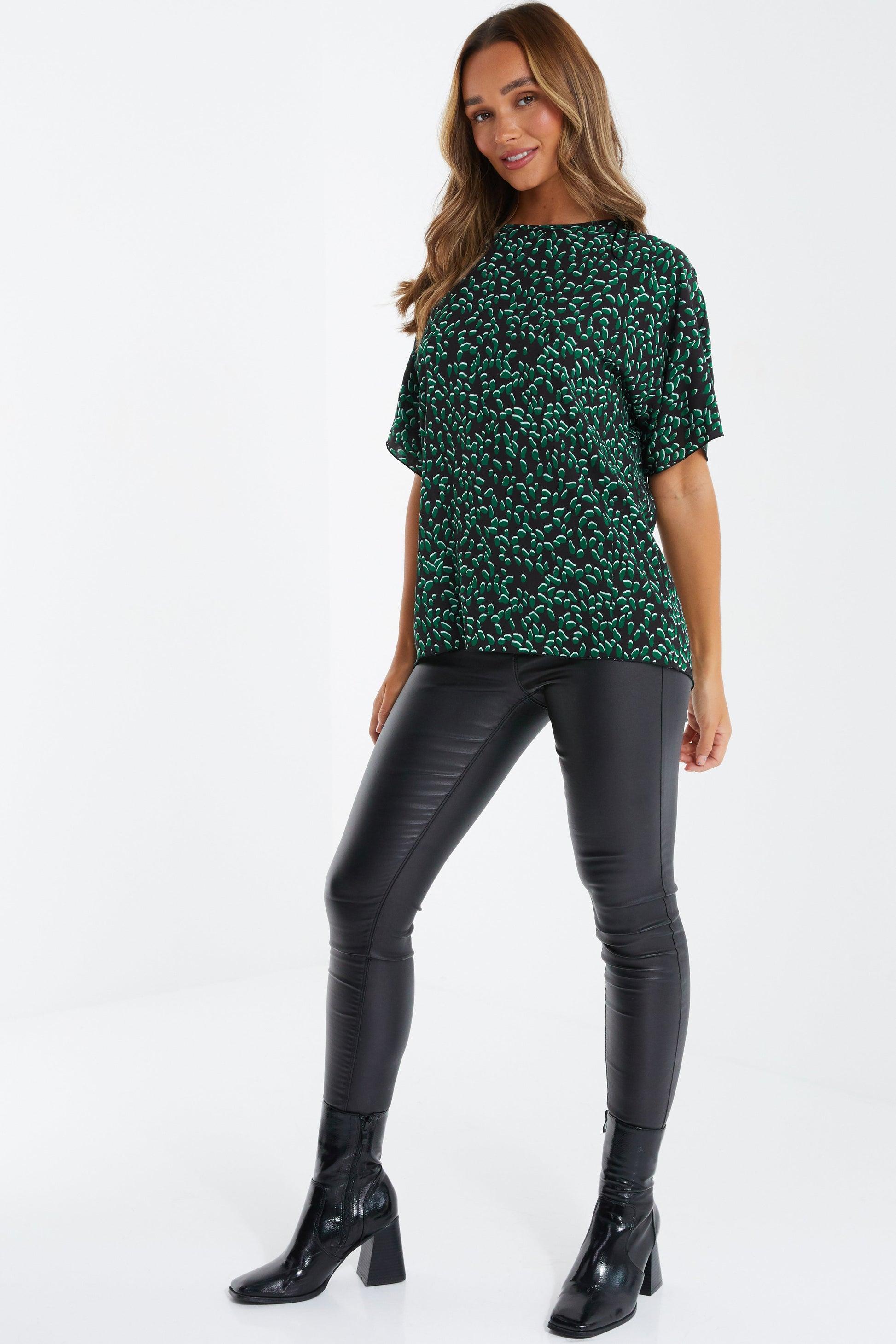 Black Green Animal Print Boxy Top — Green / 14