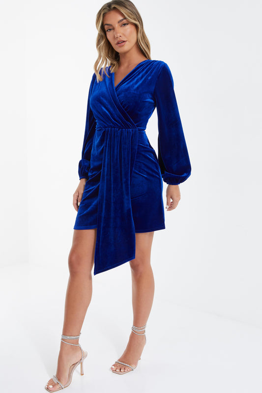 Royal Blue Velvet Sash Bodycon Dress