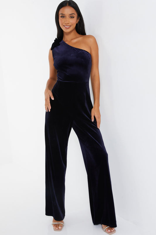 Petite Navy Velvet Bow Palazzo Jumpsuit