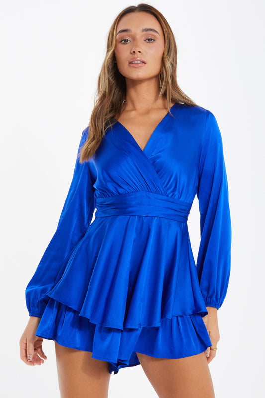 Royal Blue Satin Wrap Playsuit