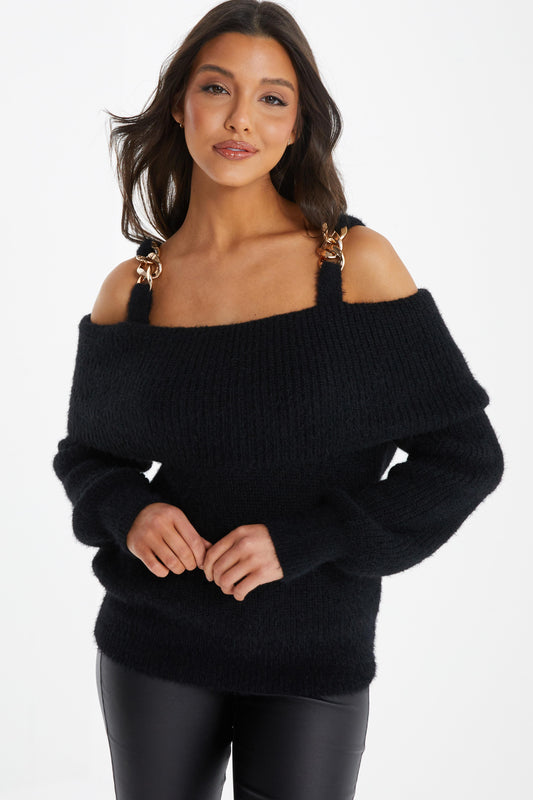 Black Knitted Off Shoulder Fluffy Jumper