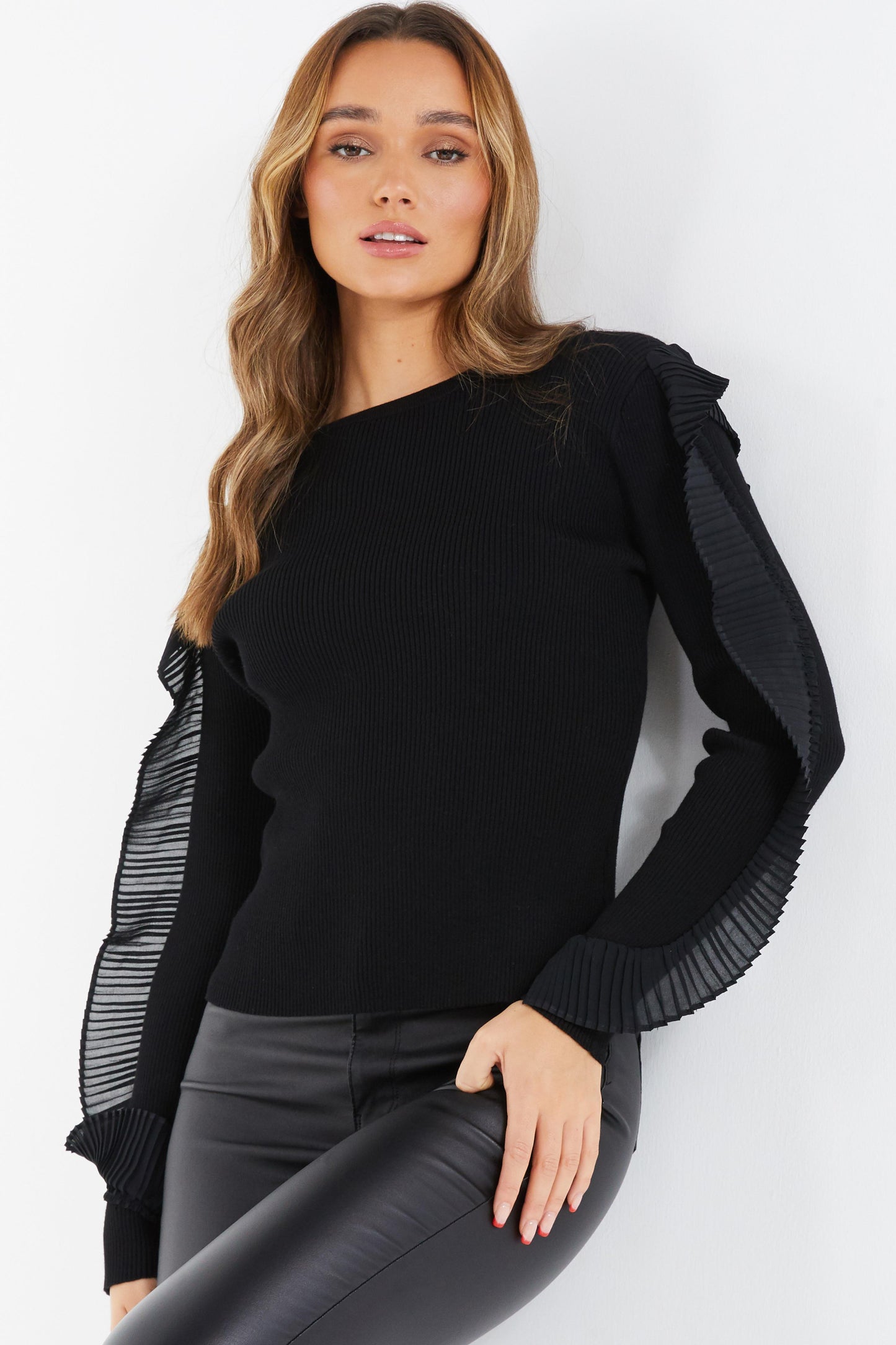 Black Ribbed Chiffon Sleeve Jumper â€” S Small 6