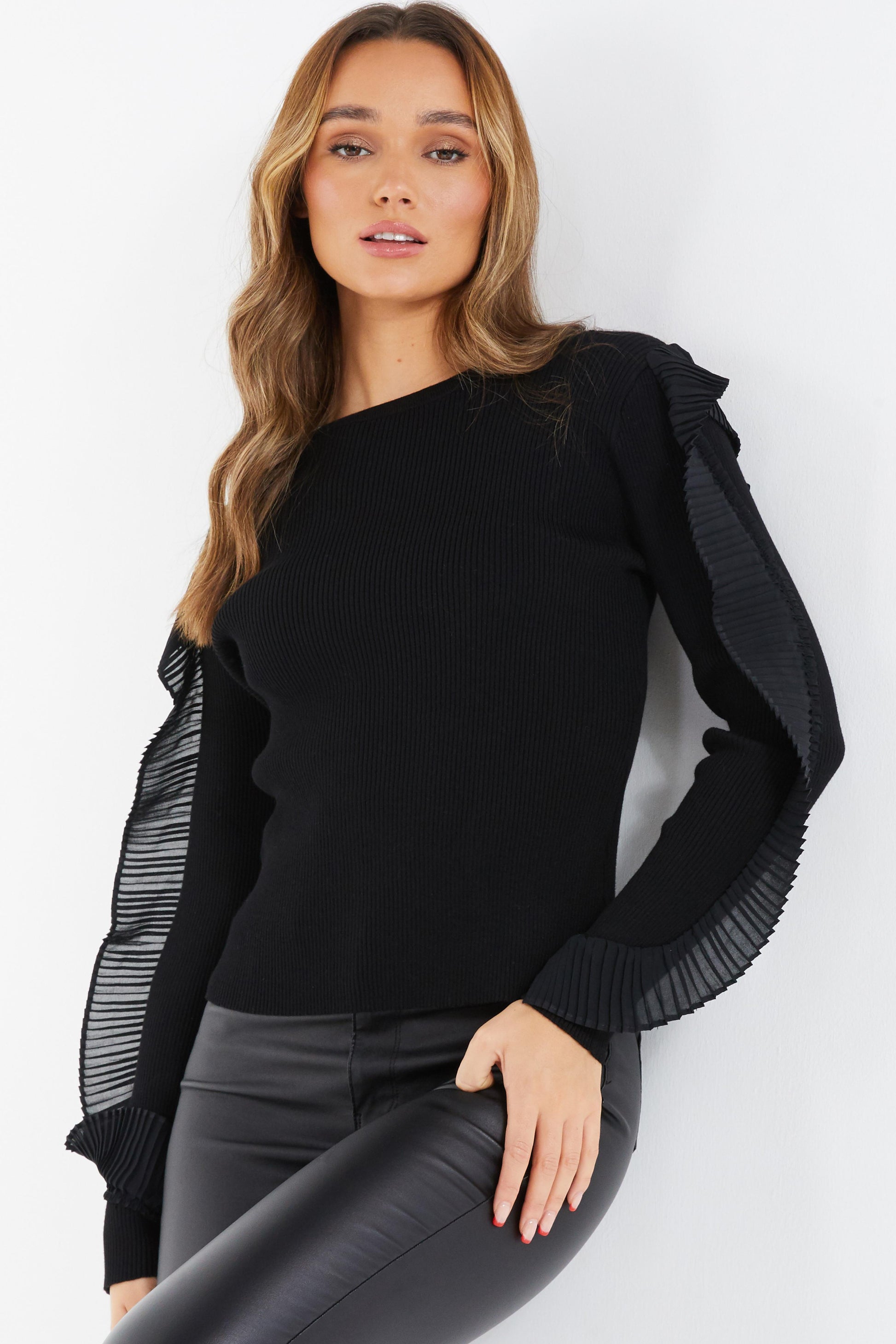 Black Ribbed Chiffon Sleeve Jumper â€” S Small 6