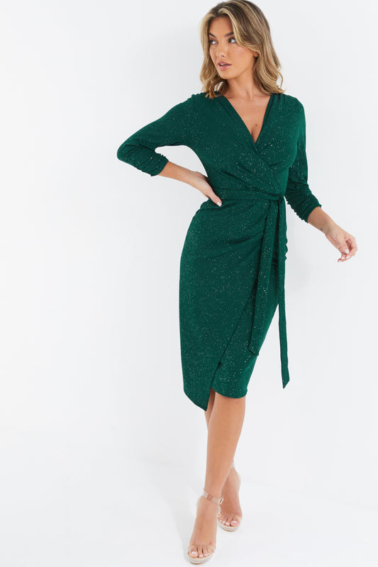 Bottle Green Glitter Wrap Tie Midi Dress