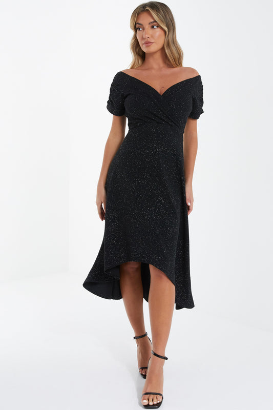 Black Glitter Bardot Midi Dress