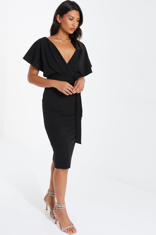 Black Wrap Angle Sleeves Midi Dress