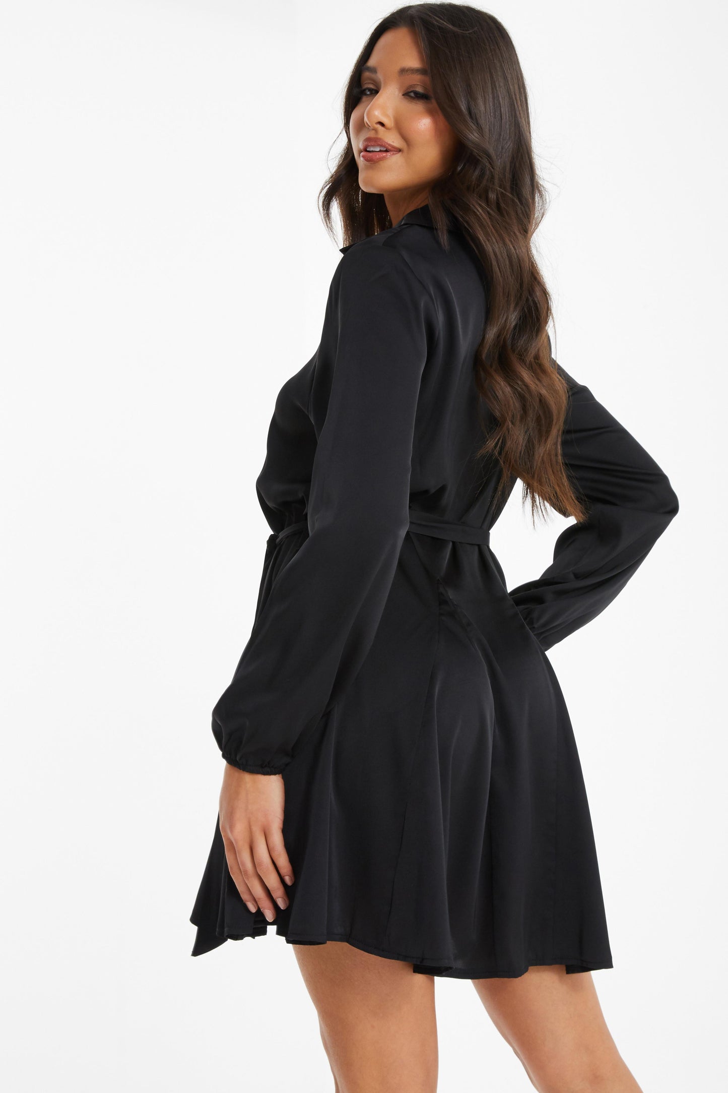 Black Satin Diamante Shirt Mini Dress — 10