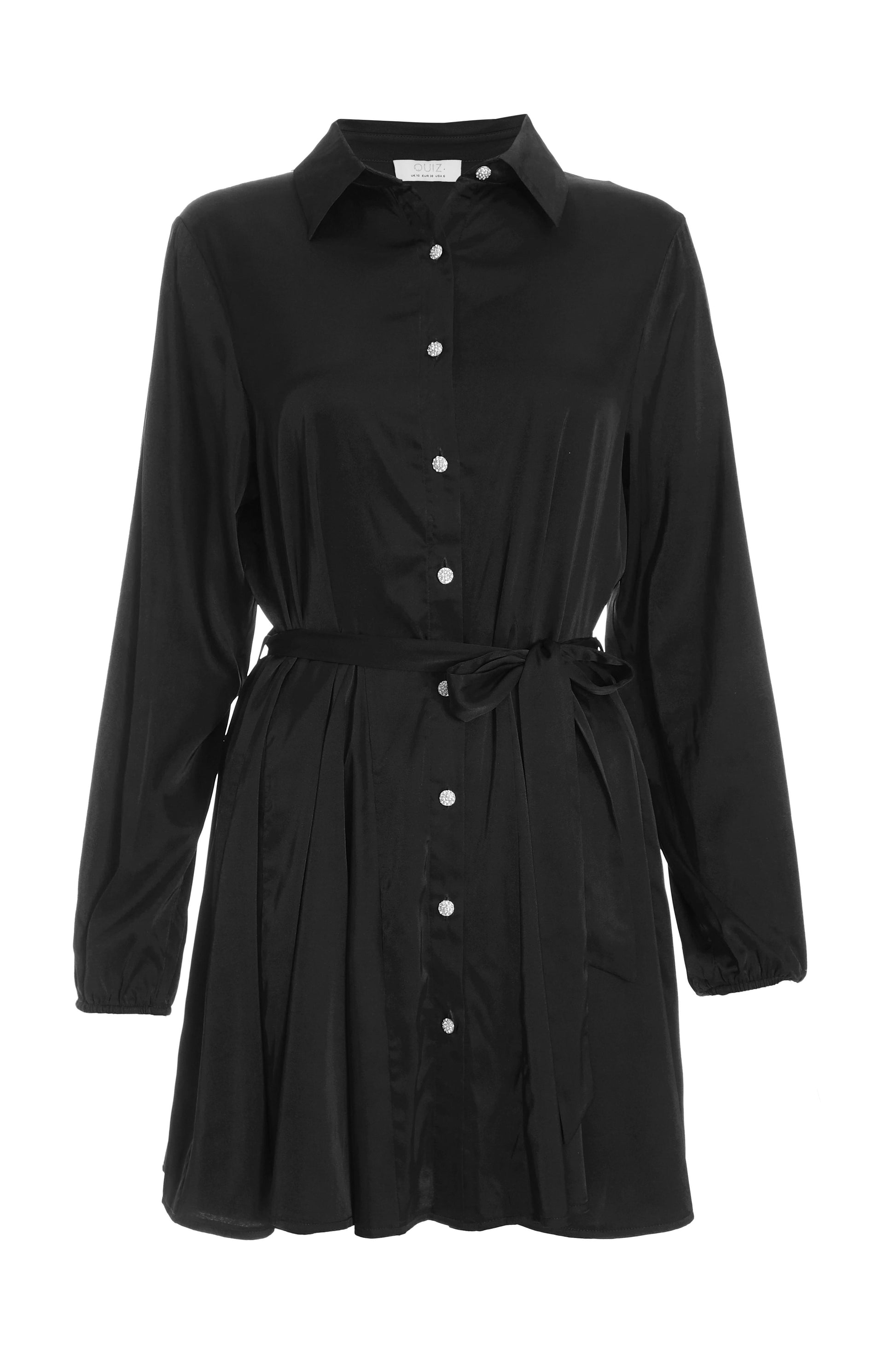 Black Satin Diamante Shirt Mini Dress — 10