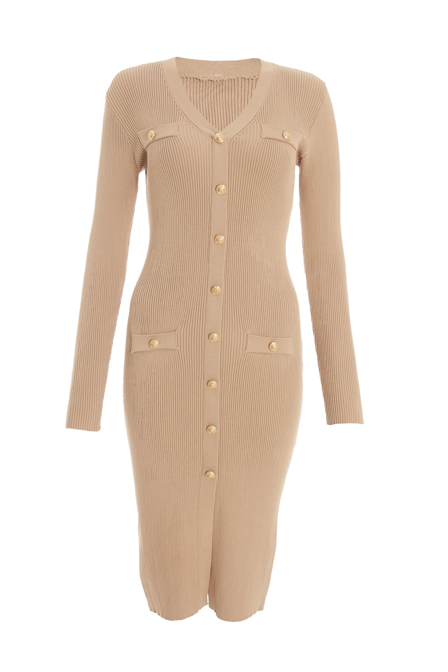 Stone Knit Gold Button PKT Detail LSL Dress