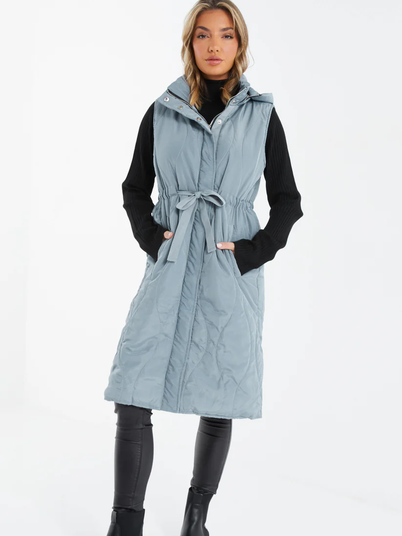 Grey Padded Tie Front Gilet — L