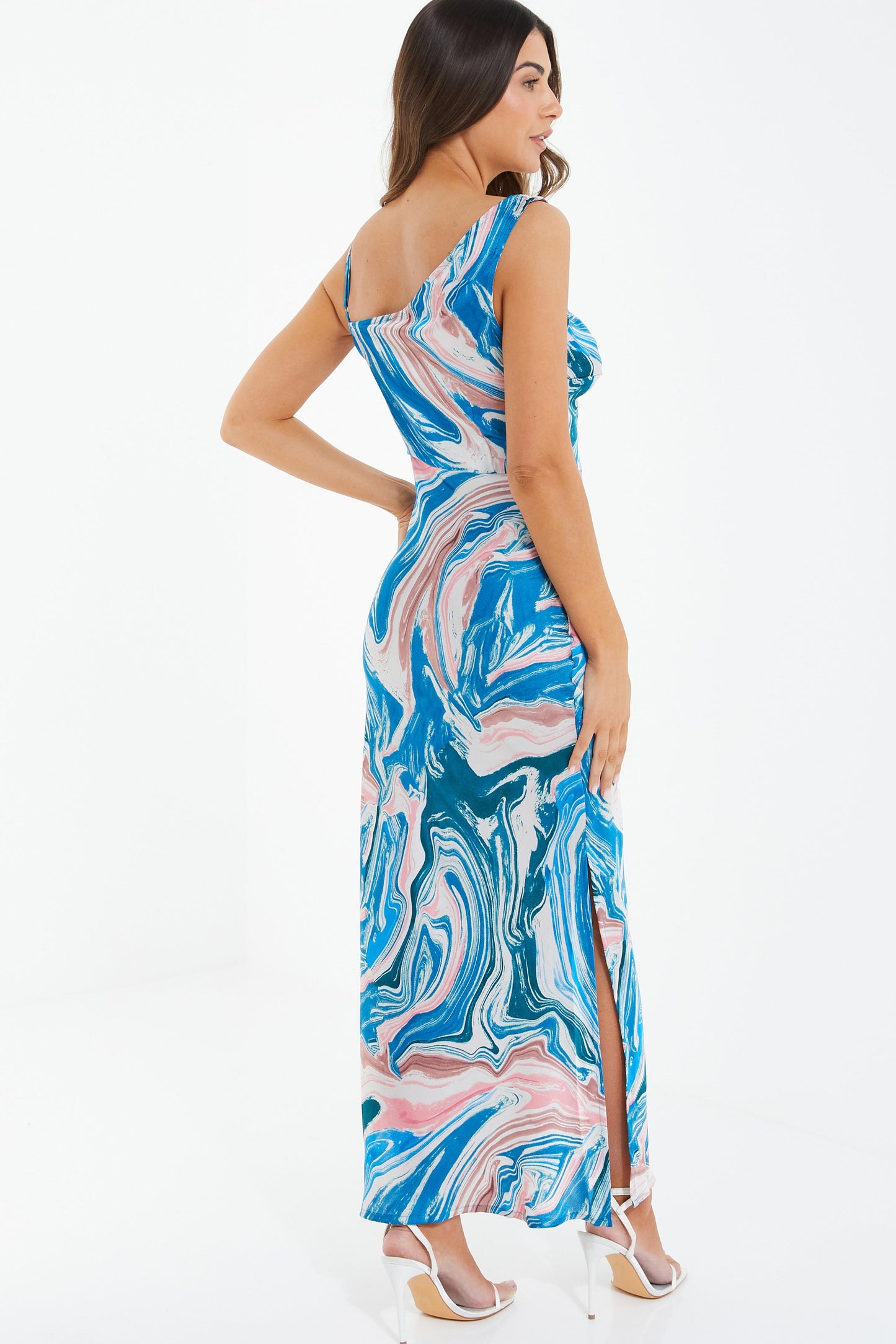 Petite Blue Satin Marble Print Midaxi Dress — 14