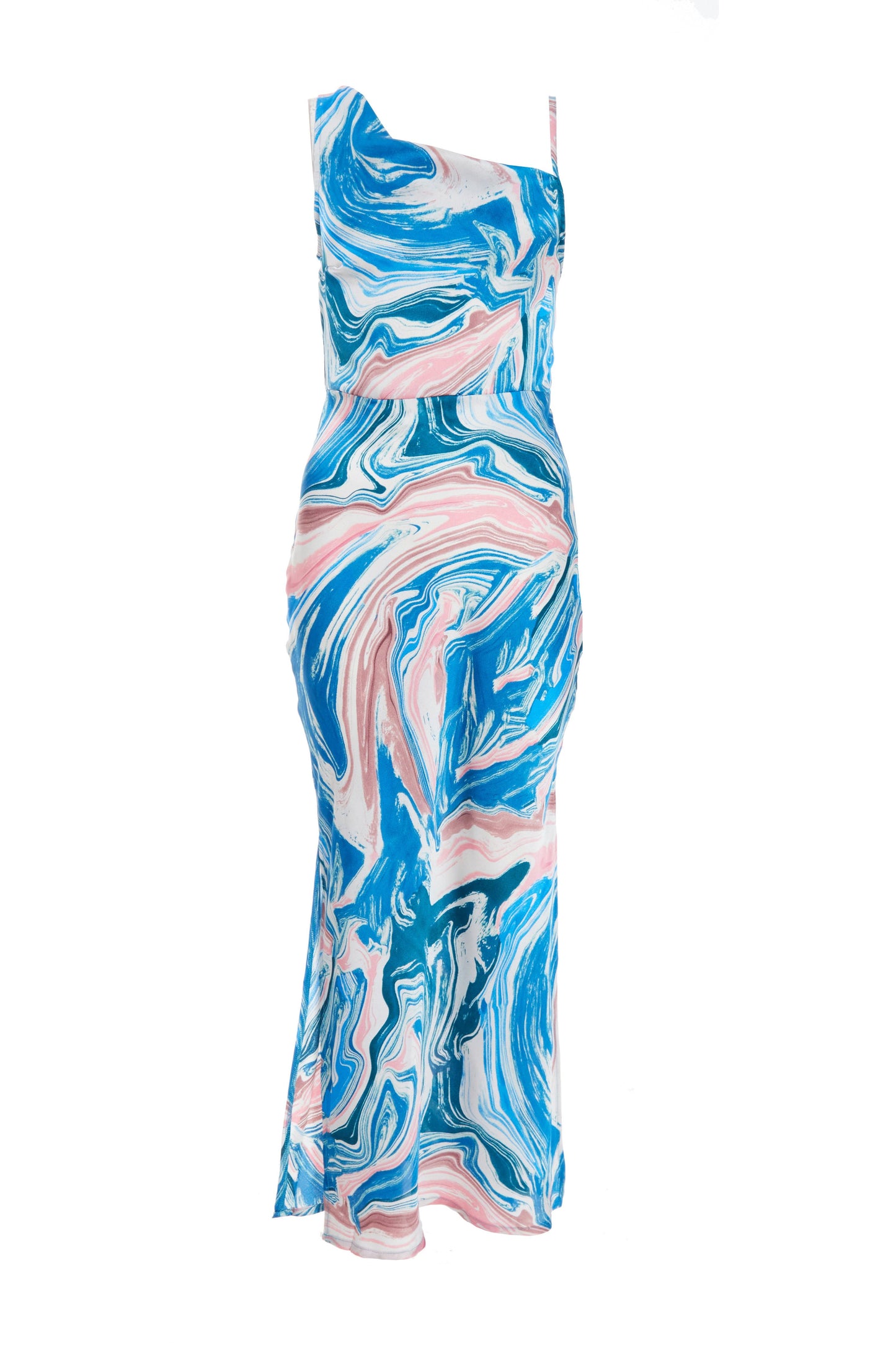 Petite Blue Satin Marble Print Midaxi Dress — 14