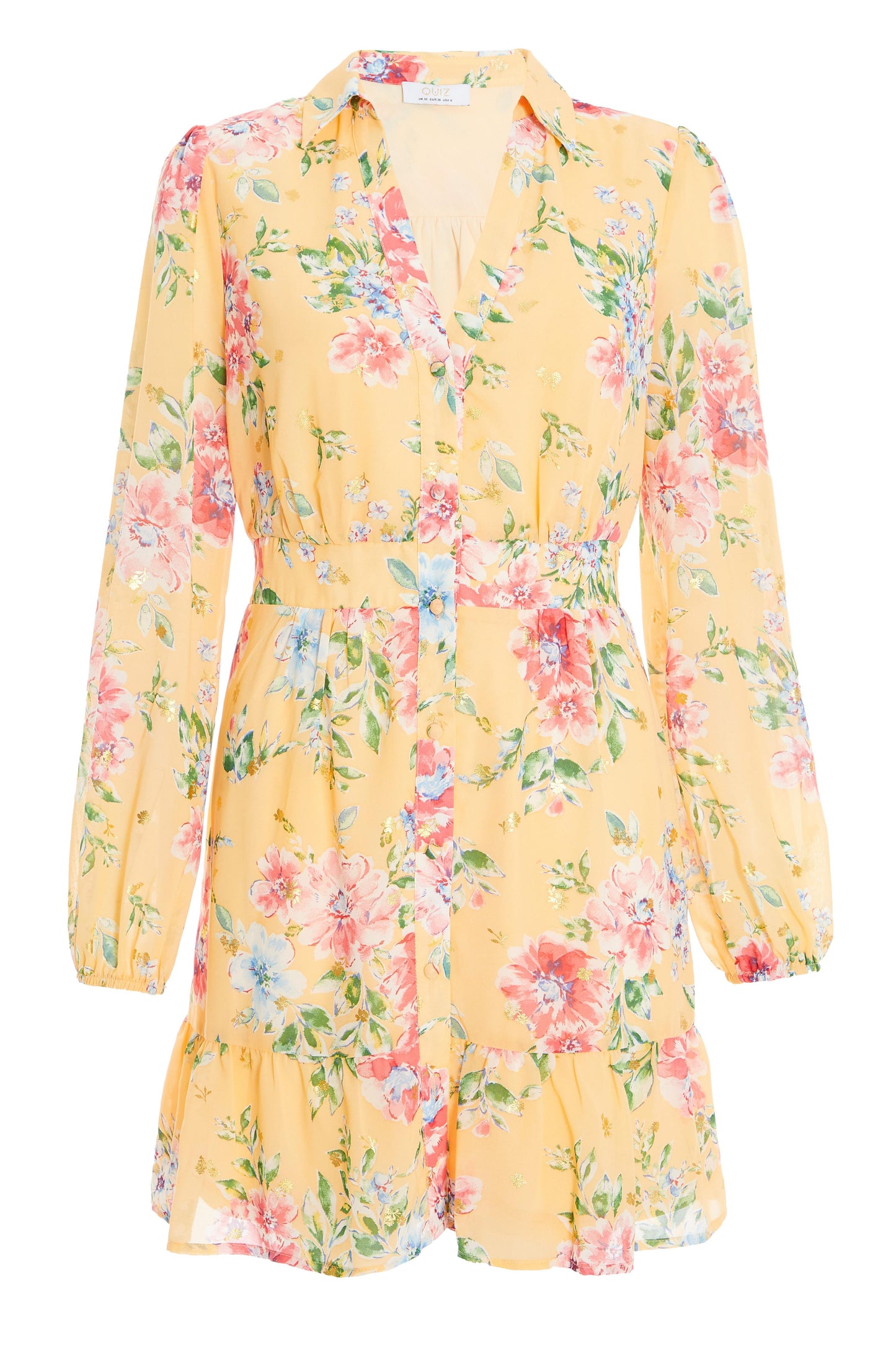 Yellow Chiffon Floral Shirt Dress â€” 12