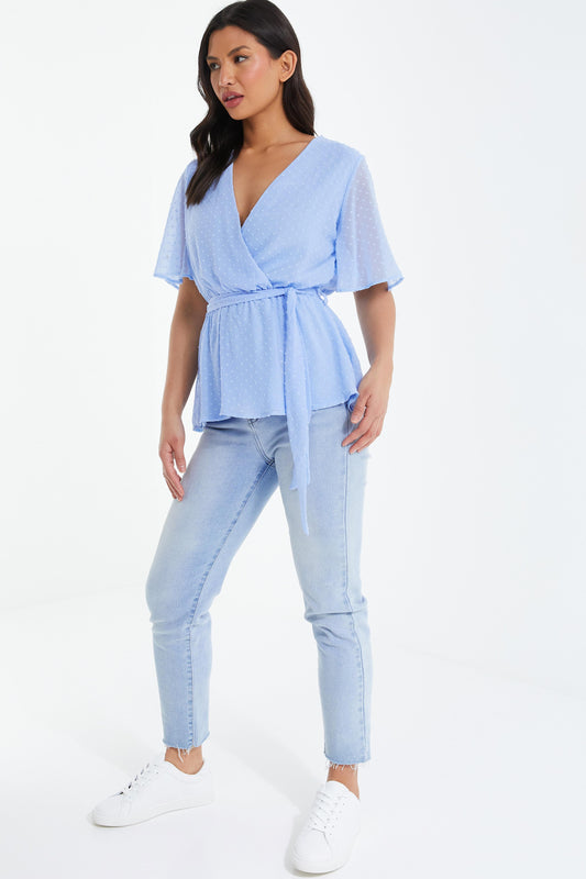 Blue Dobby Print Wrap Peplum Top â€” 10