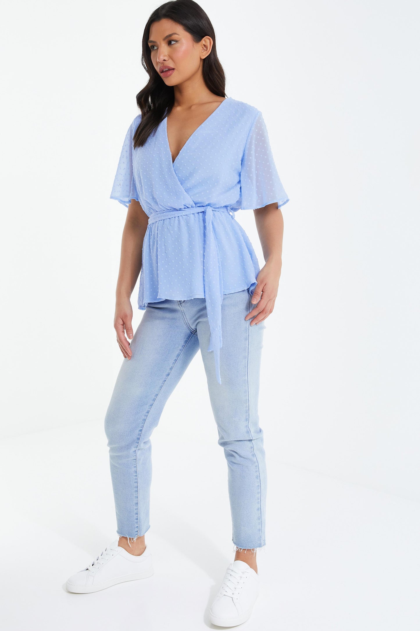 Blue Dobby Print Wrap Peplum Top â€” 16