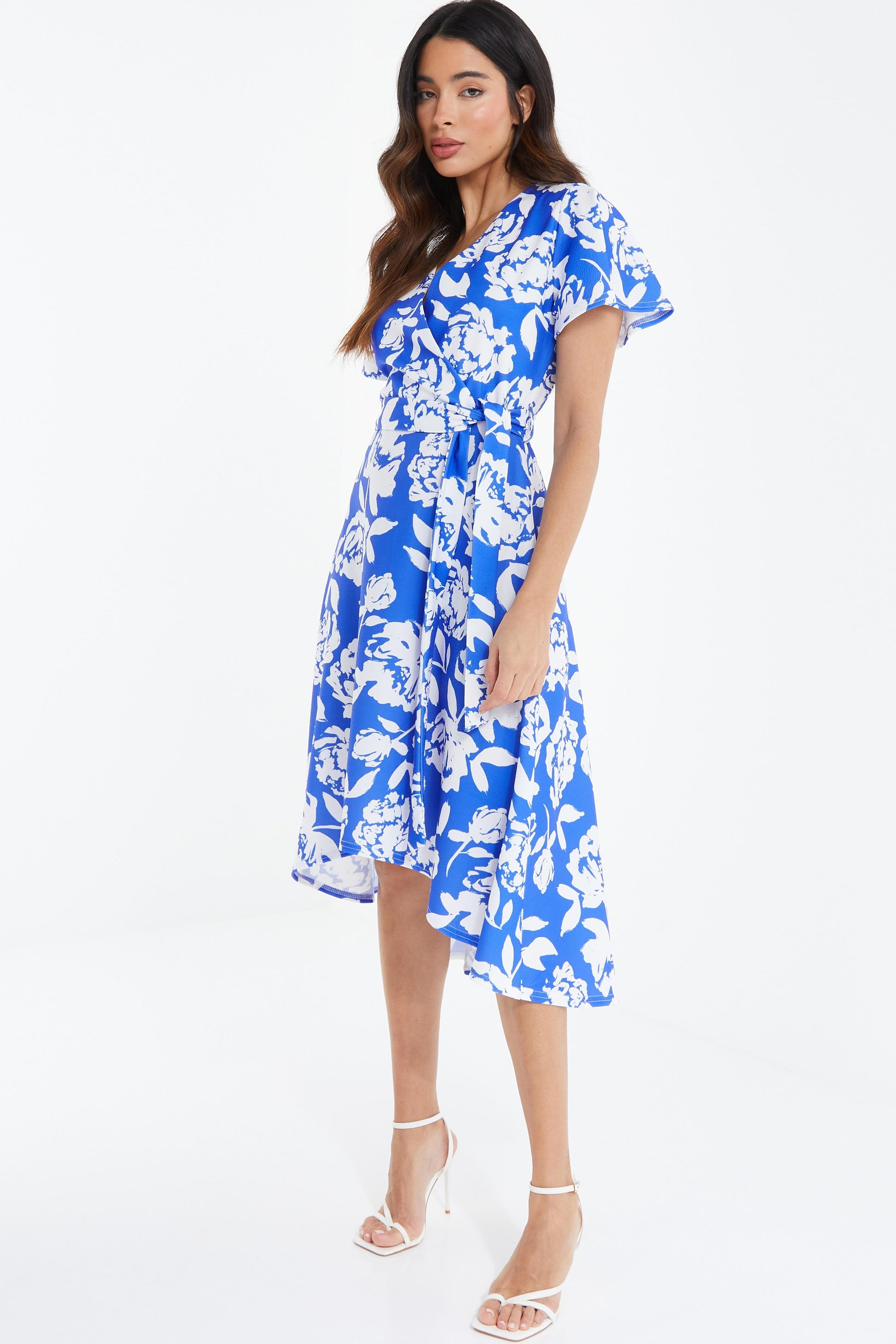 Blue Floral Wrap Dip Hem Midi Dress â€” 12