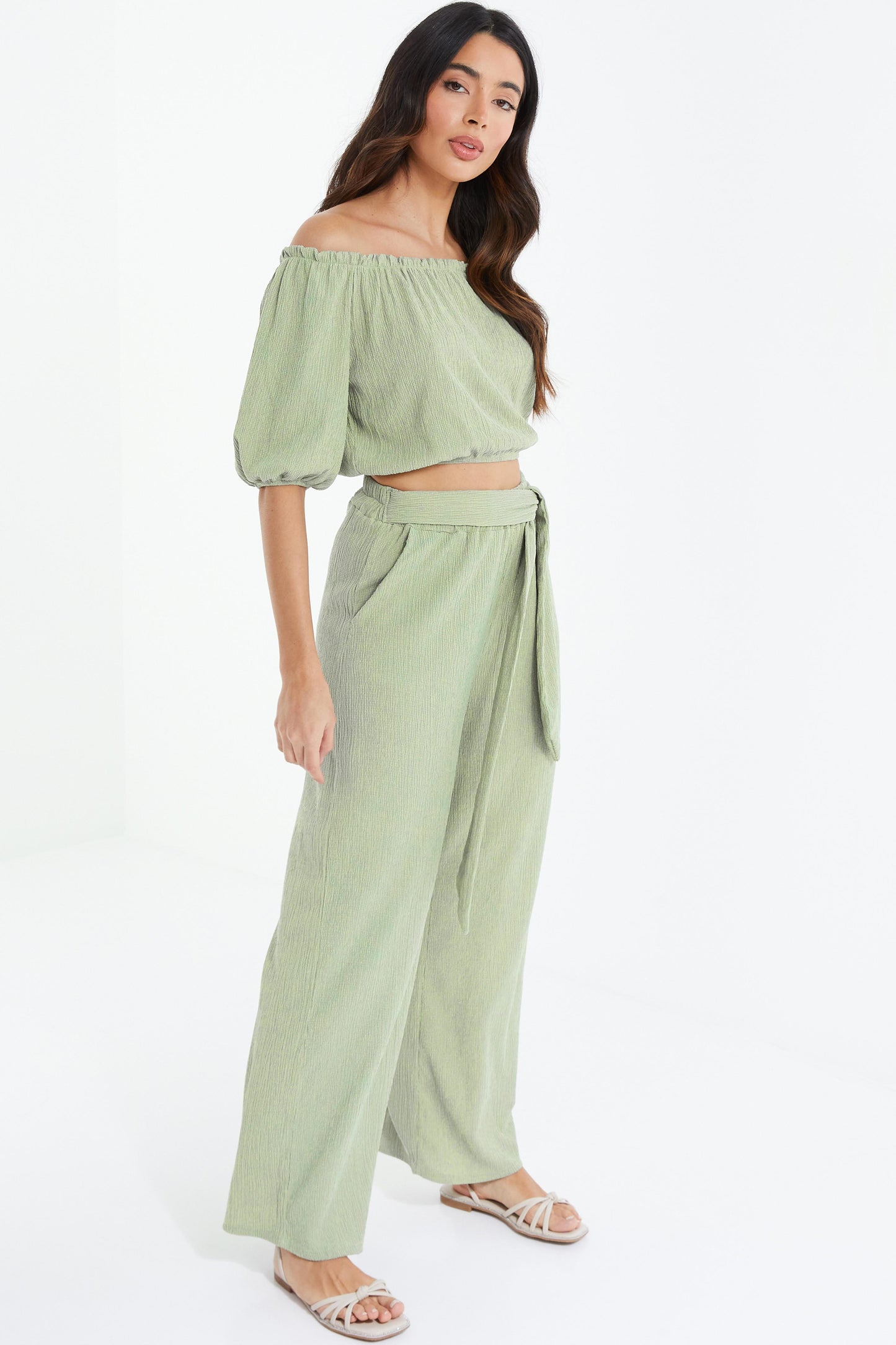 Khaki Crinkle Wide Leg Trousers â€” S Small 6