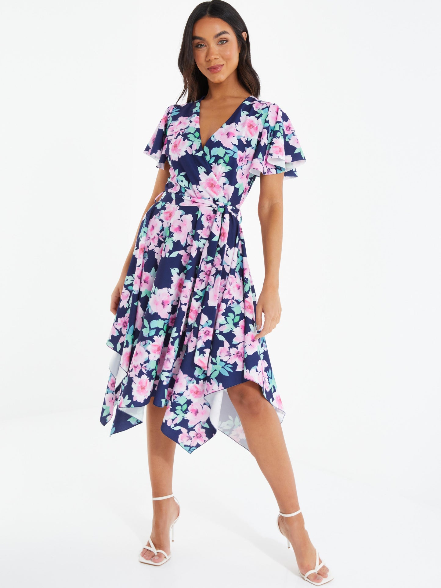 Navy Floral Dip Hem Midi Dress