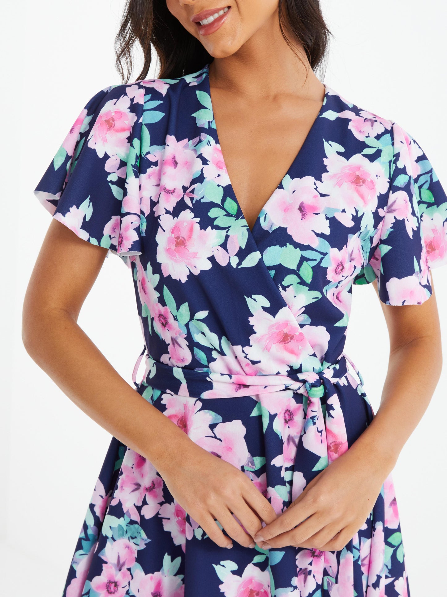 Navy Floral Dip Hem Midi Dress