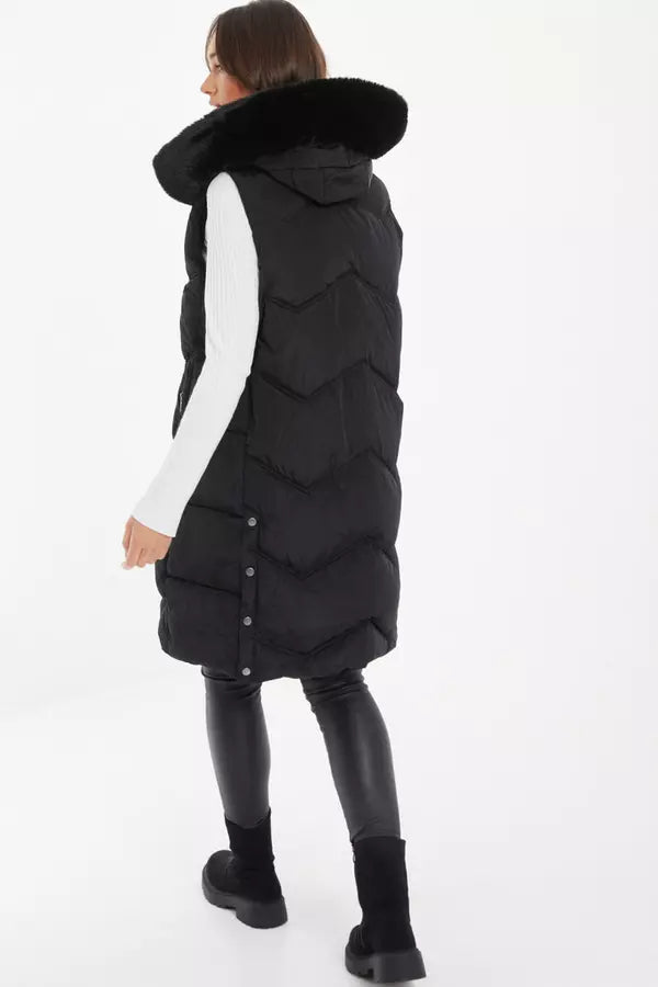 Black Padded Hooded Long Gilet