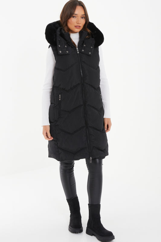 Black Padded Fur Trim Long Gilet