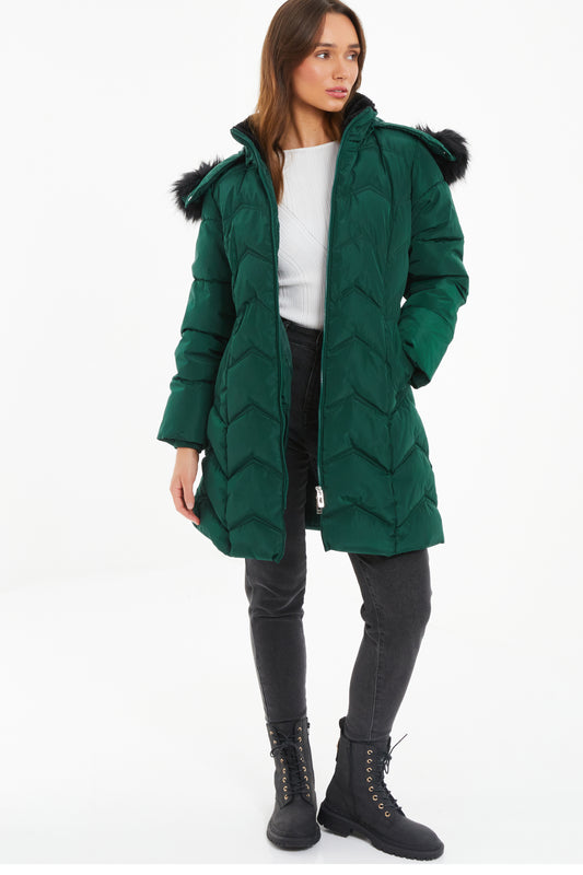 Bottle Green Padded Fur Hood Parka