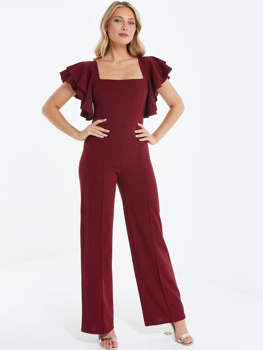 Dark Red Square Neck Frill Jumpsuit