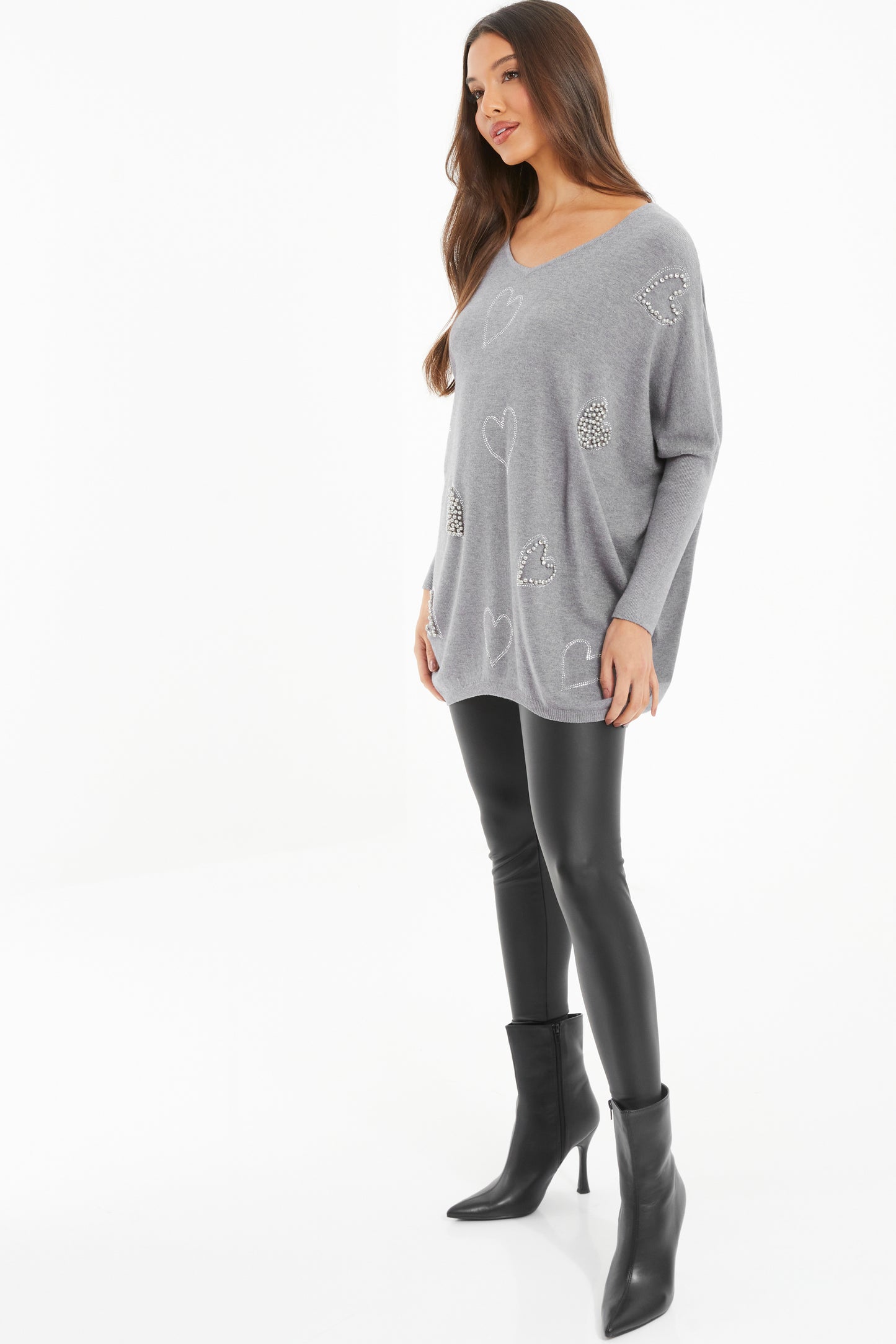 Light Grey Knit Diamanté Hearts Oversized Jumper