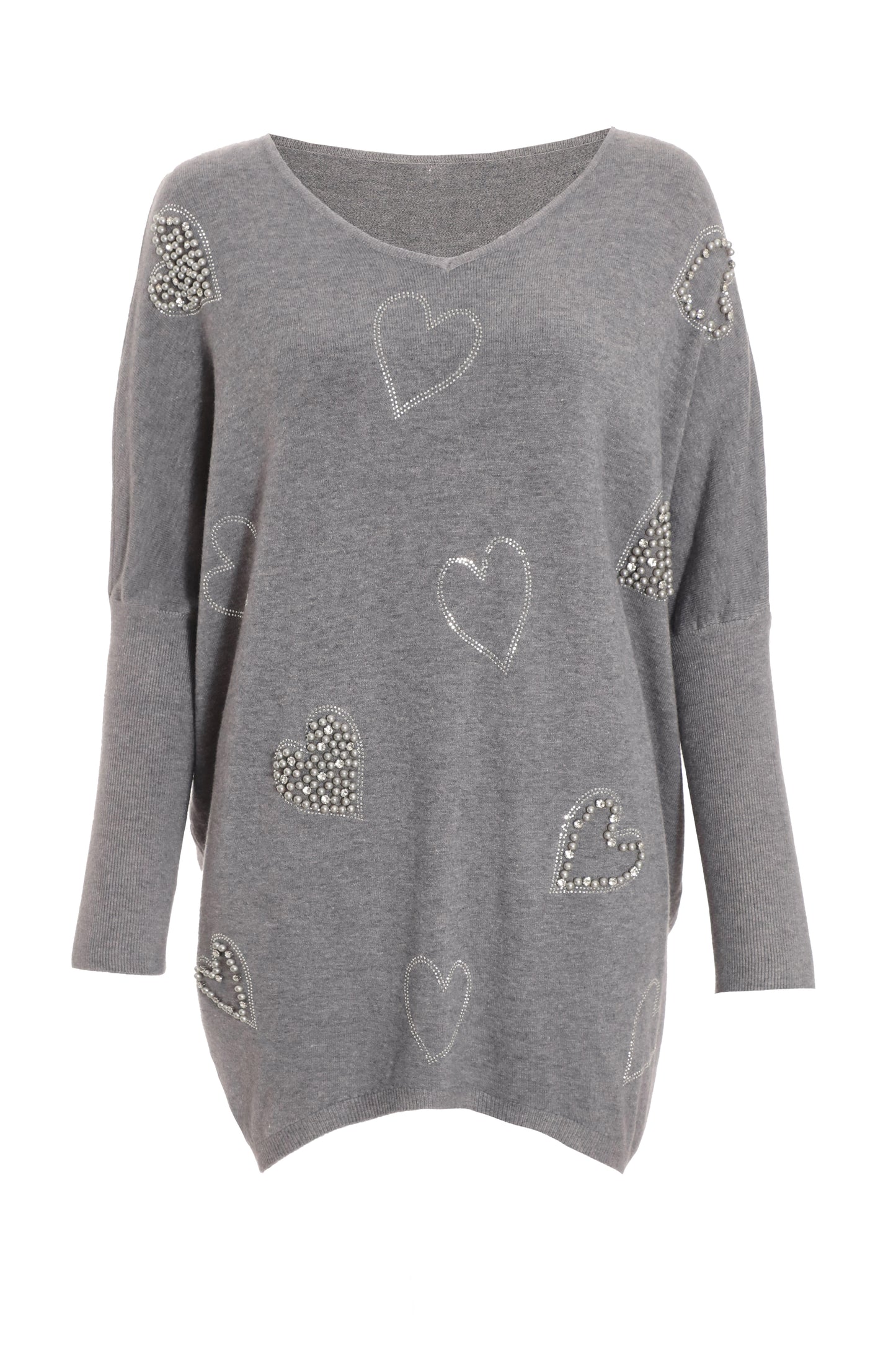 Light Grey Knit Diamanté Hearts Oversized Jumper