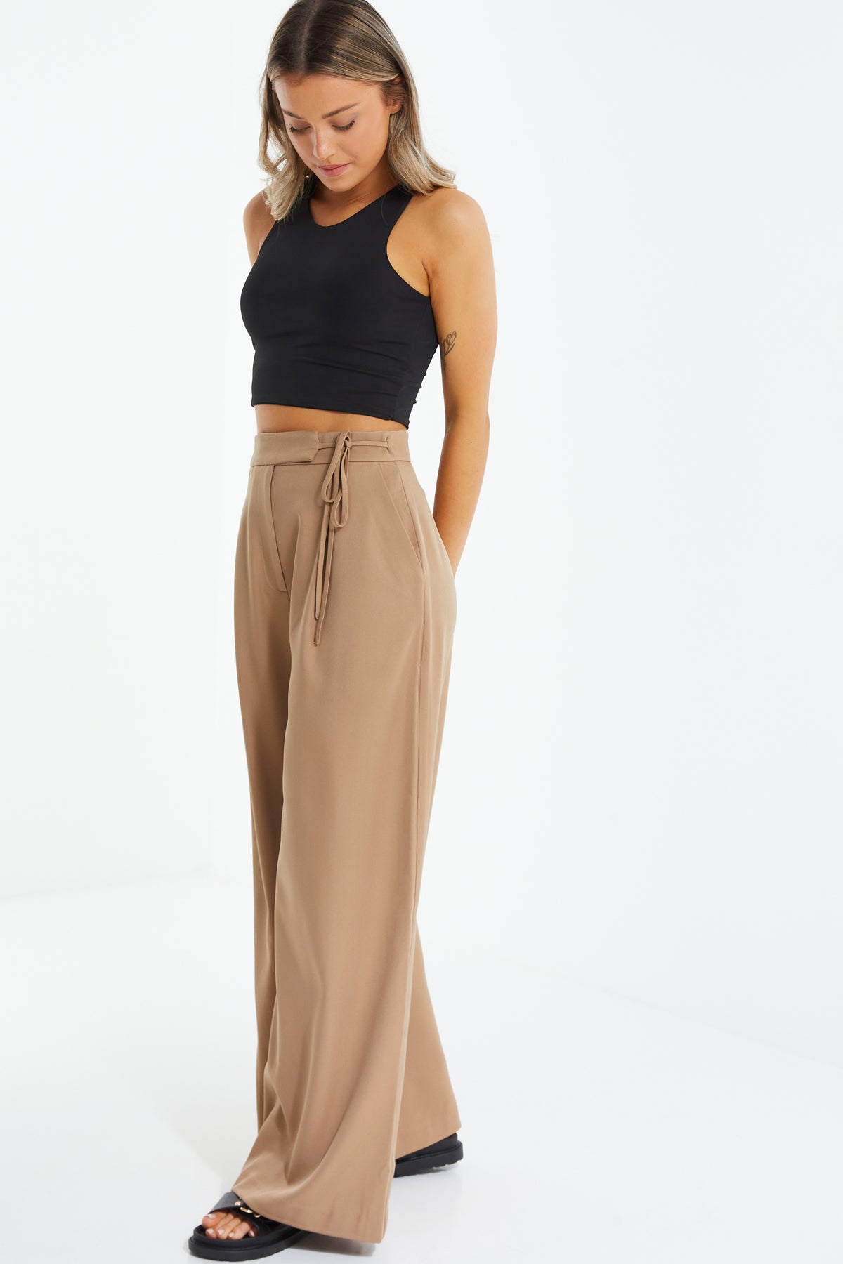 Camel Woven High Waist Trousers
