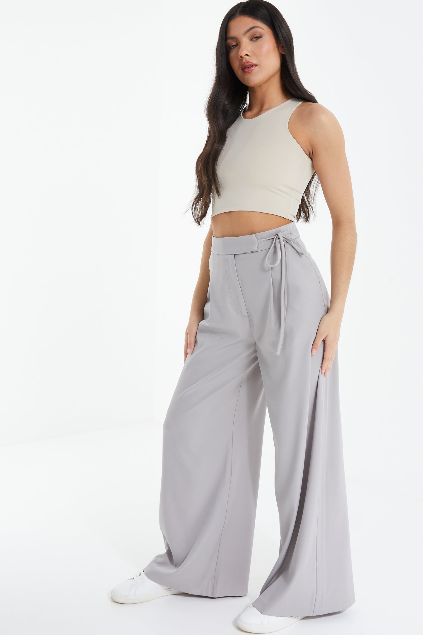 Grey Woven High Waist Trousers