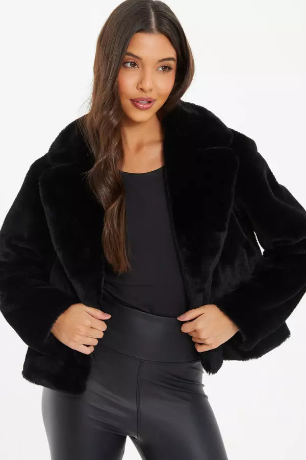 Black Short Faux Fur Collar Jacket