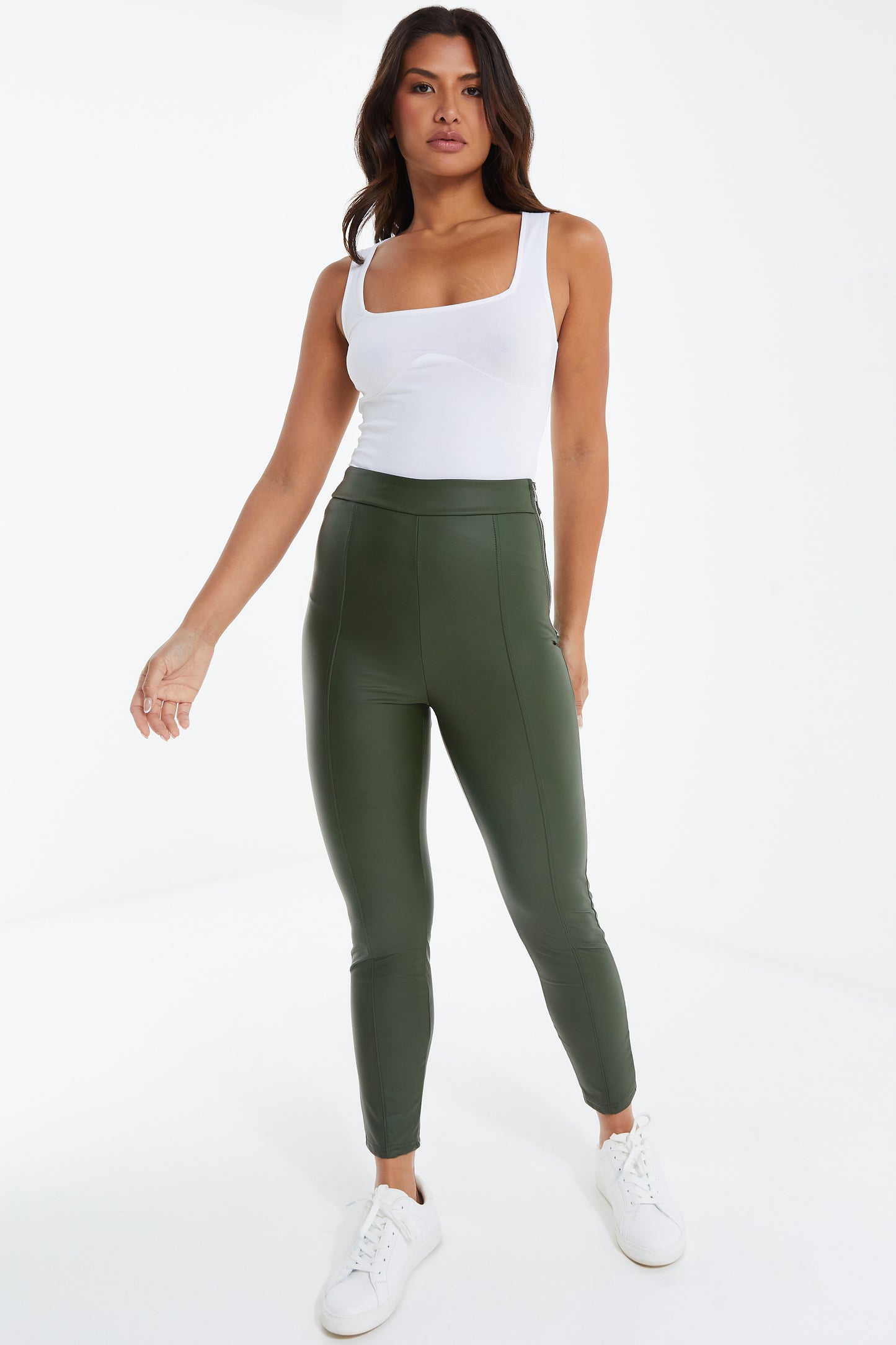 Khaki Seam Detail Zip Side Legging