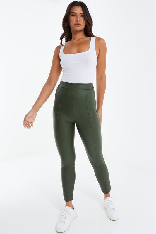Khaki Seam Detail Zip Side Legging