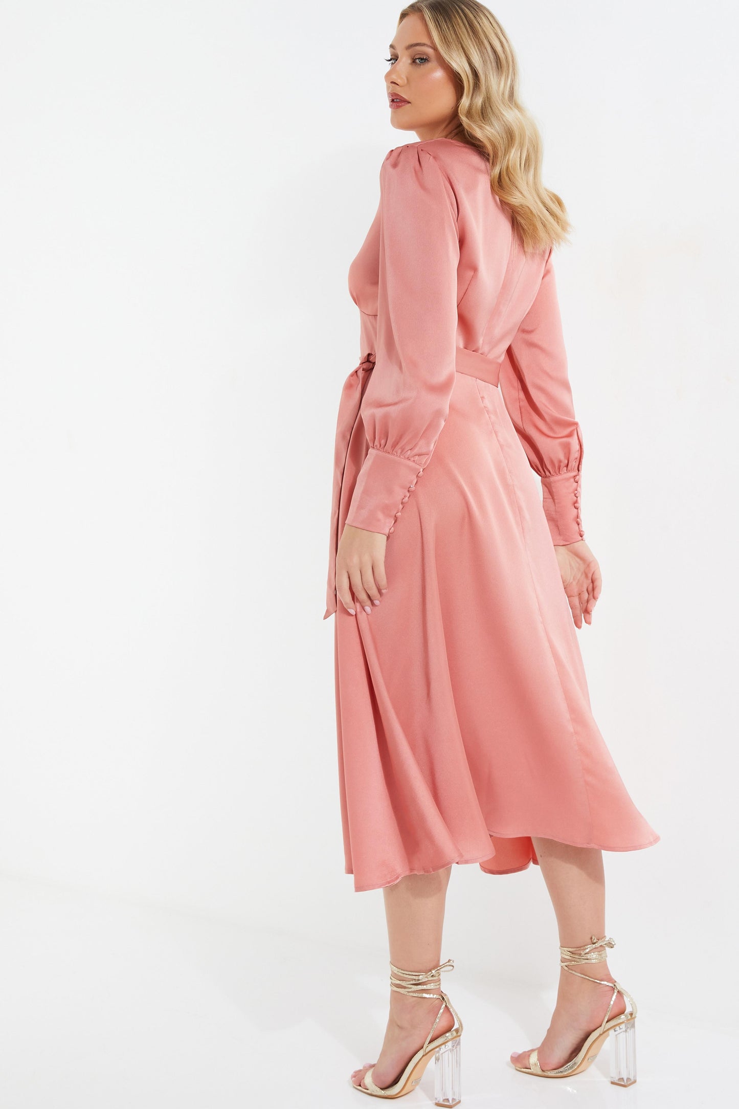 Pink Satin Long Sleeve Wrap Midi Dress — 12
