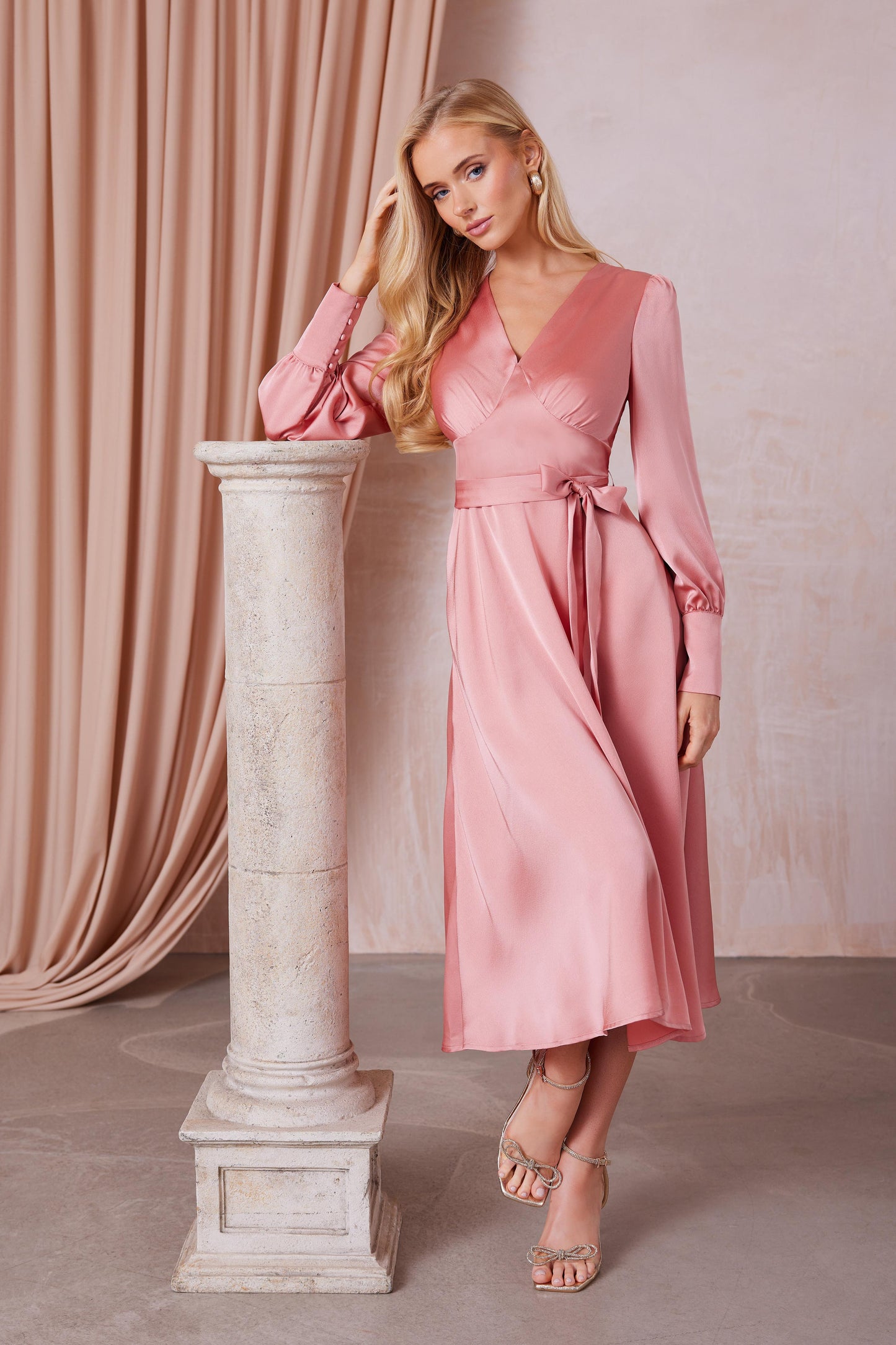Pink Satin Long Sleeve Wrap Midi Dress — 12