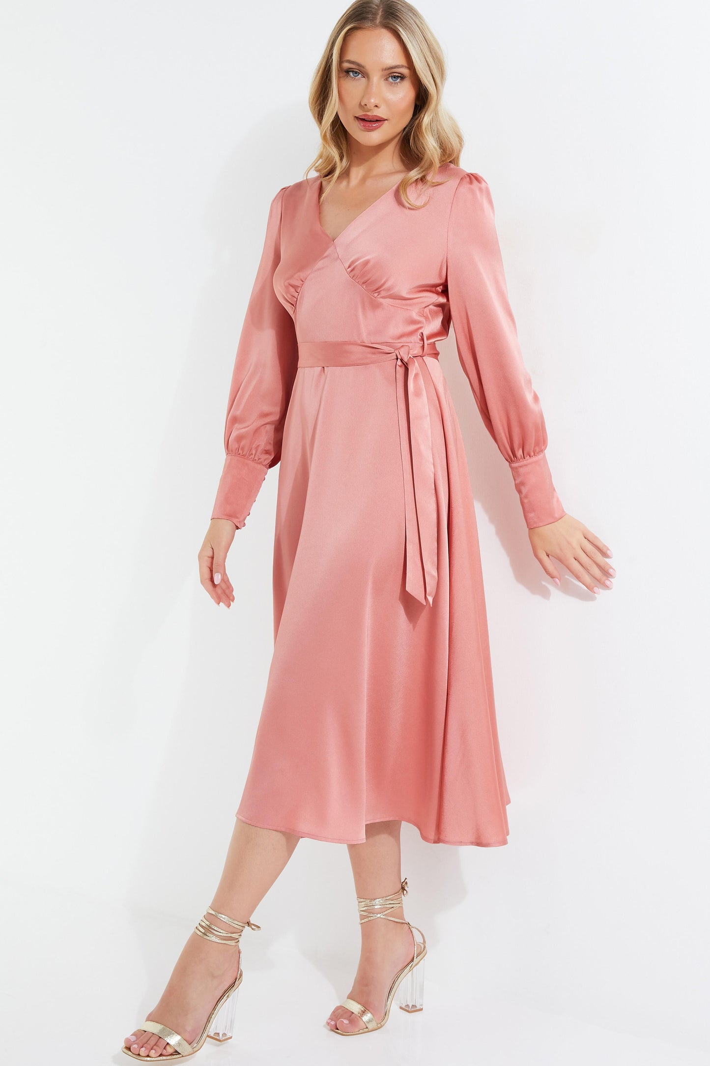 Pink Satin Long Sleeve Wrap Midi Dress — 12