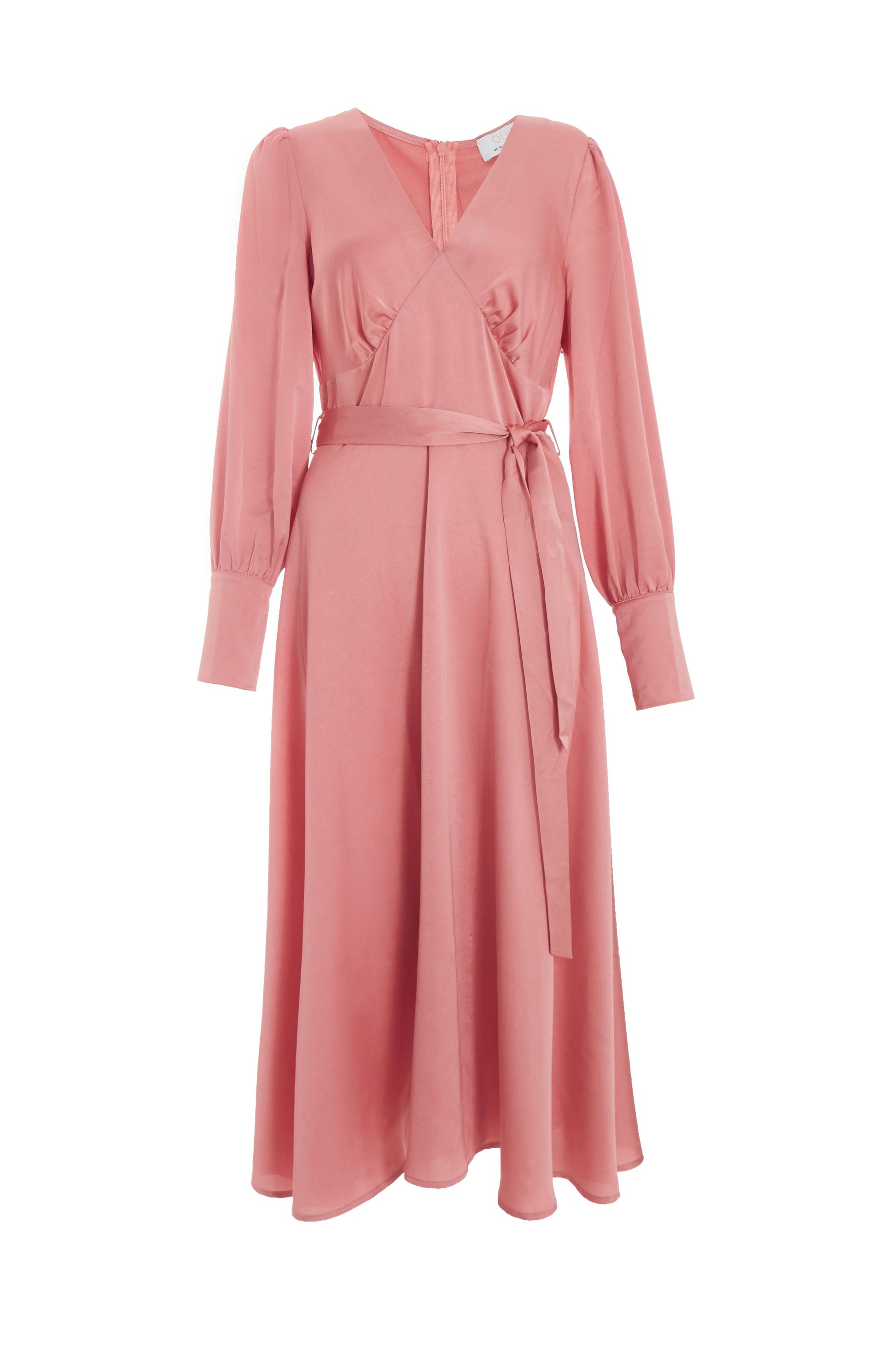 Pink Satin Long Sleeve Wrap Midi Dress — 12