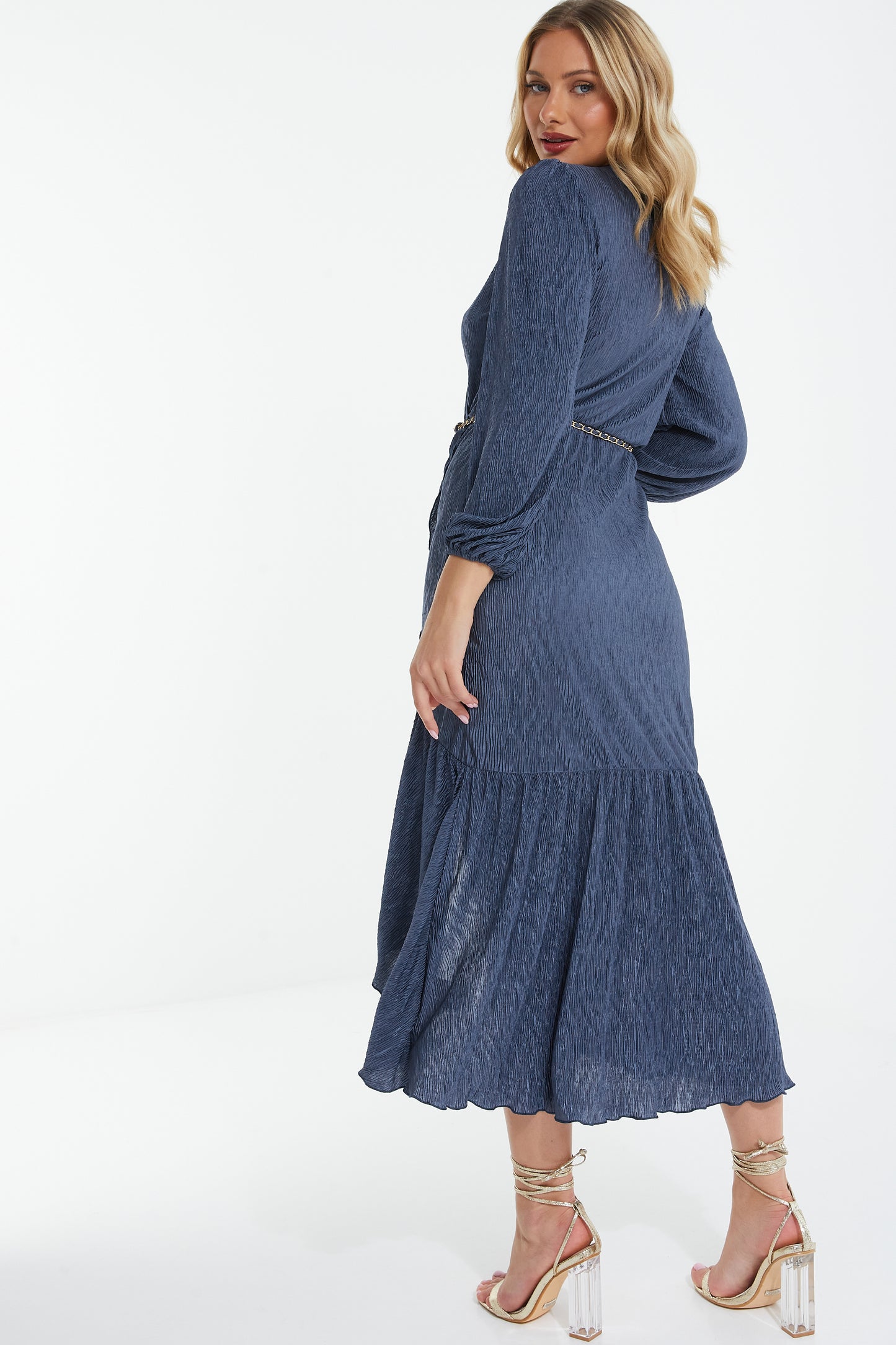 Dark Blue Plisse Wrap Chain Dress